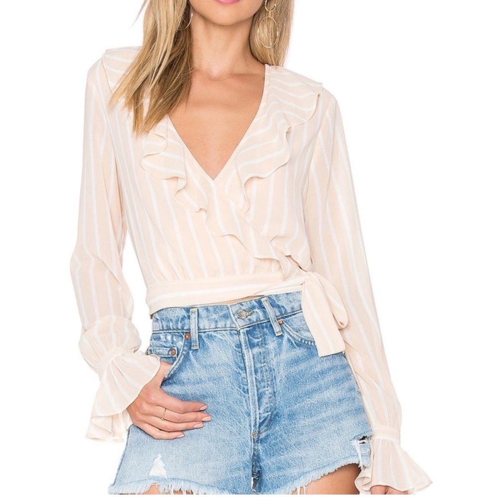 Tularosa Holly Striped Wrap Blouse Crop Sheer Ruffle Chiffon Top Sz XS